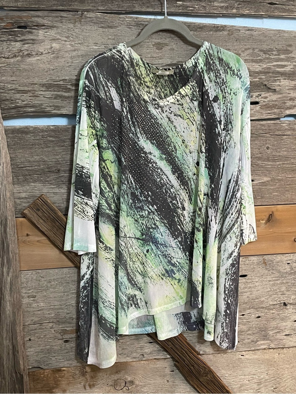 Abstract Green & Gray Flowing Semi Sheer Top